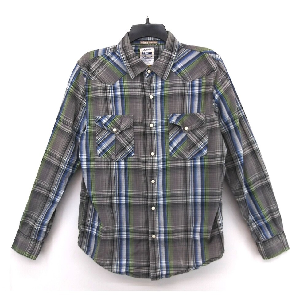 44mm Legendary Goods Shirt Mens Size M Gray Blue Plaid Pearl Snap Western Cowboy